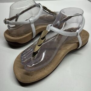 Vionic Orthaheel Miami T-Strap Sandals Shoes Tan White Gold Womens Size 6.5 Wide